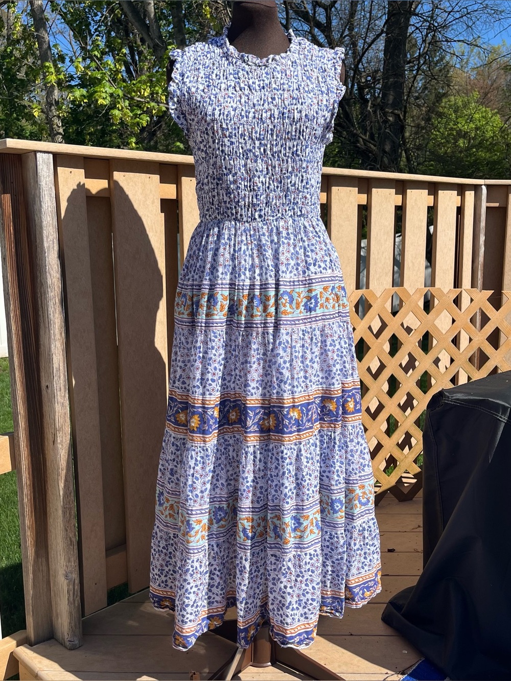 Calypso St. Barth 100% Cotton Smocked Blue Floral Print Maxi Dress Sz M Pockets
